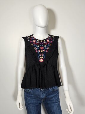 Zara Black Sleeveless Floral Embroidered Peplum Top Sz M